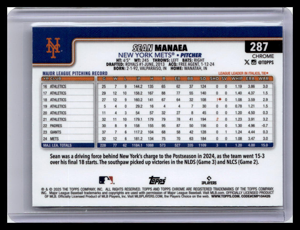 2025 Topps Chrome Logofractor Edition #287 Sean Manaea