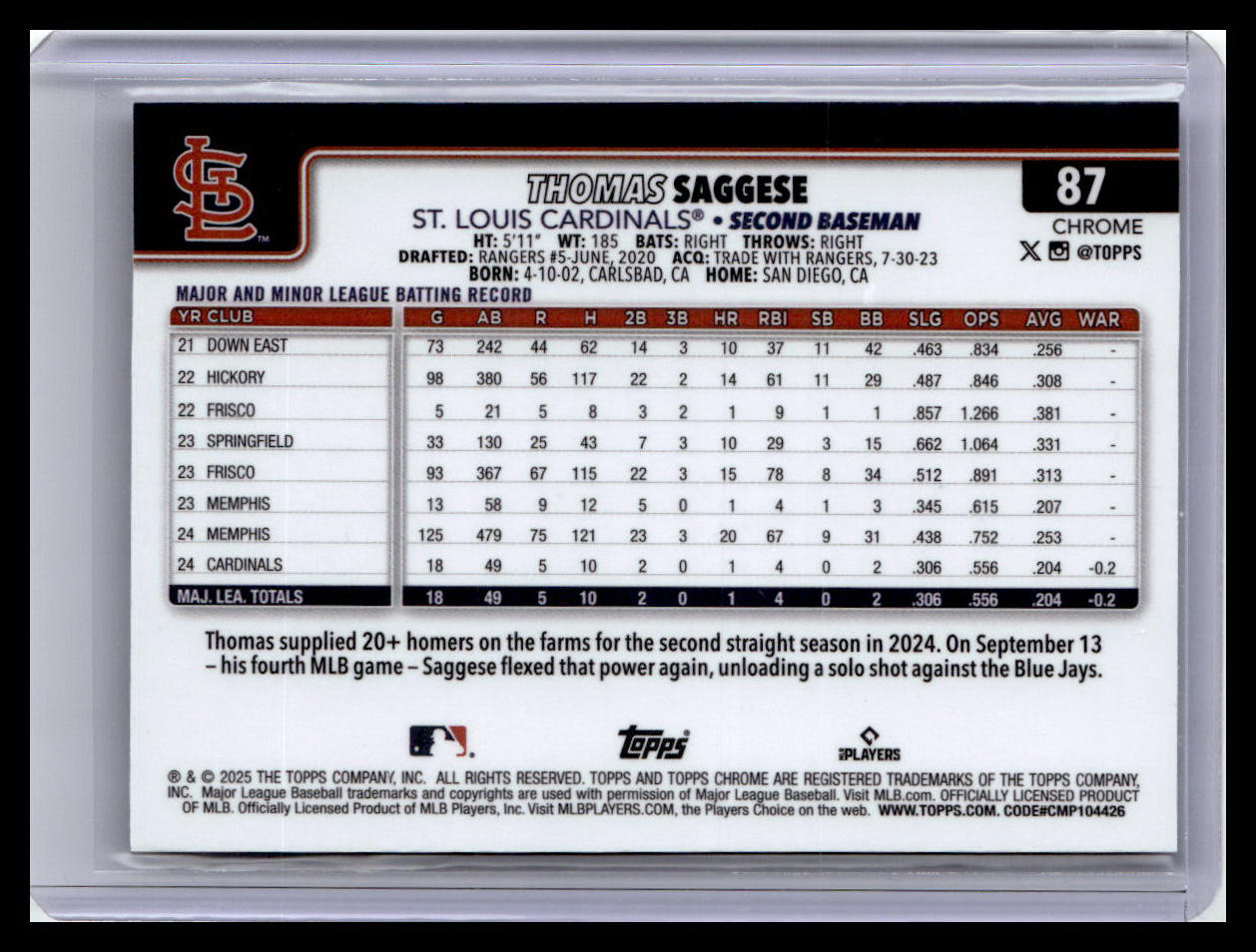 2025 Topps Chrome #87 Thomas Saggese X-Fractors