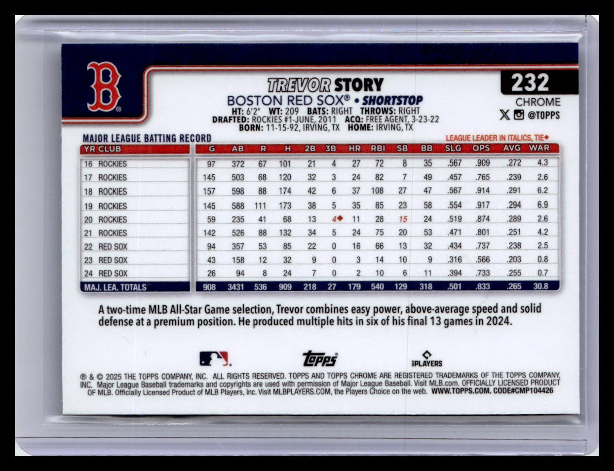 2025 Topps Chrome #232 Trevor Story