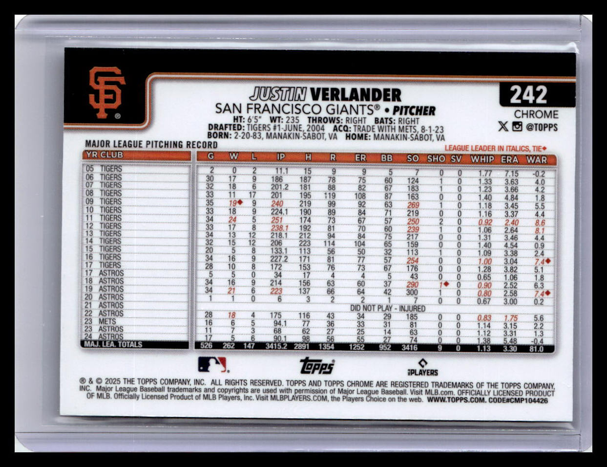 2025 Topps Chrome #242 Justin Verlander