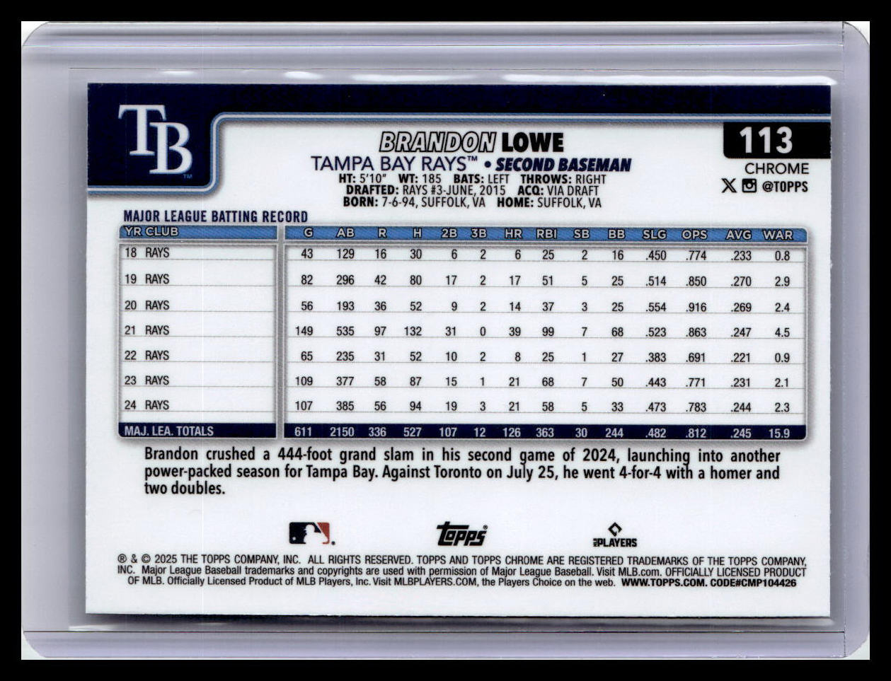 2025 Topps Chrome #113 Brandon Lowe