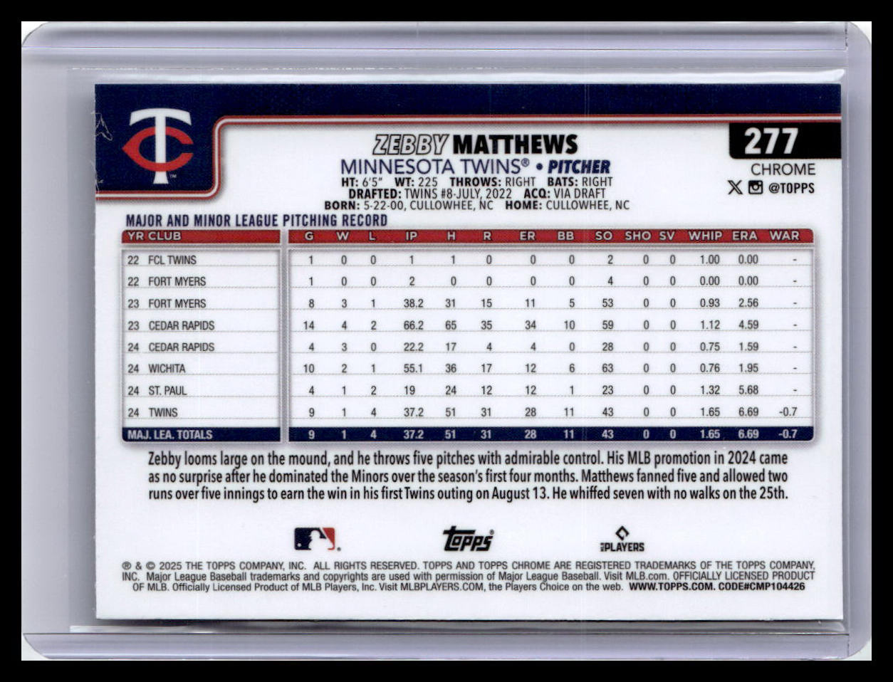 2025 Topps Chrome #277 Zebby Matthews