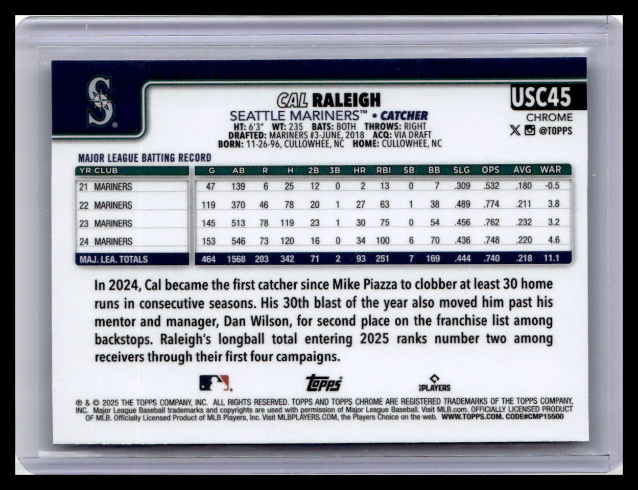 2025 Topps Chrome Update #USC45b Cal Raleigh