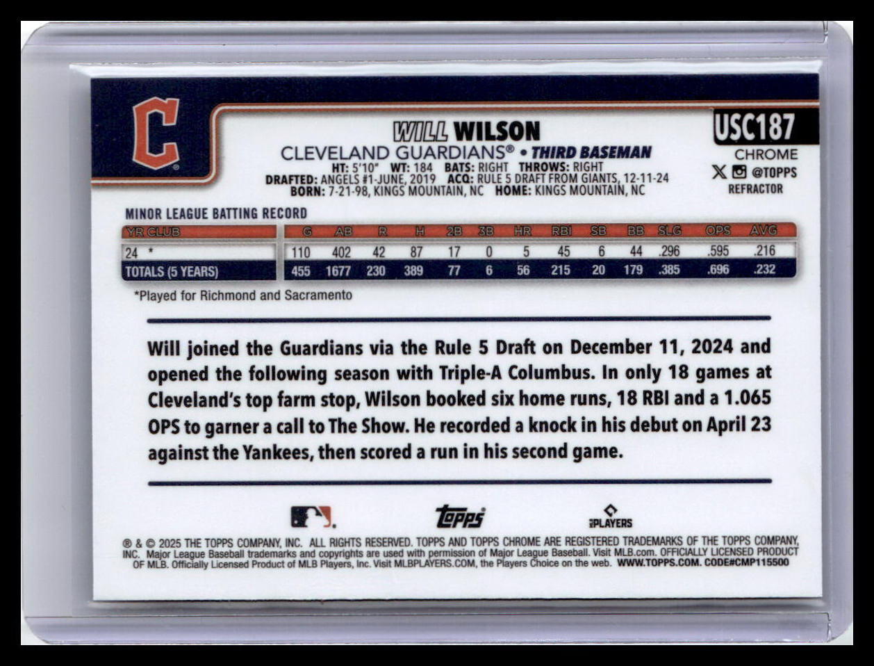 2025 Topps Chrome Update #USC187 Will Wilson