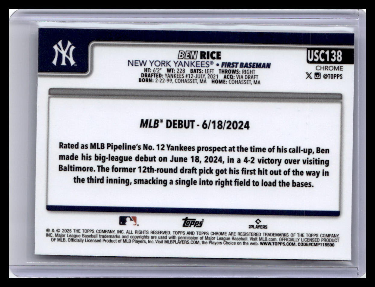 2025 Topps Chrome Update #USC138 Ben Rice