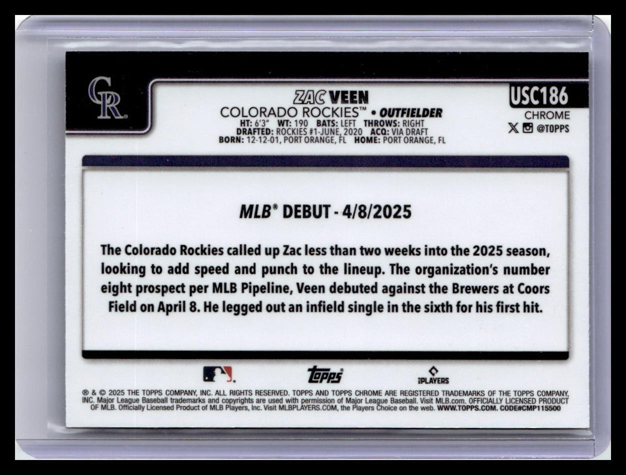 2025 Topps Chrome Update #USC186 Zac Veen Teal Refractors #/299