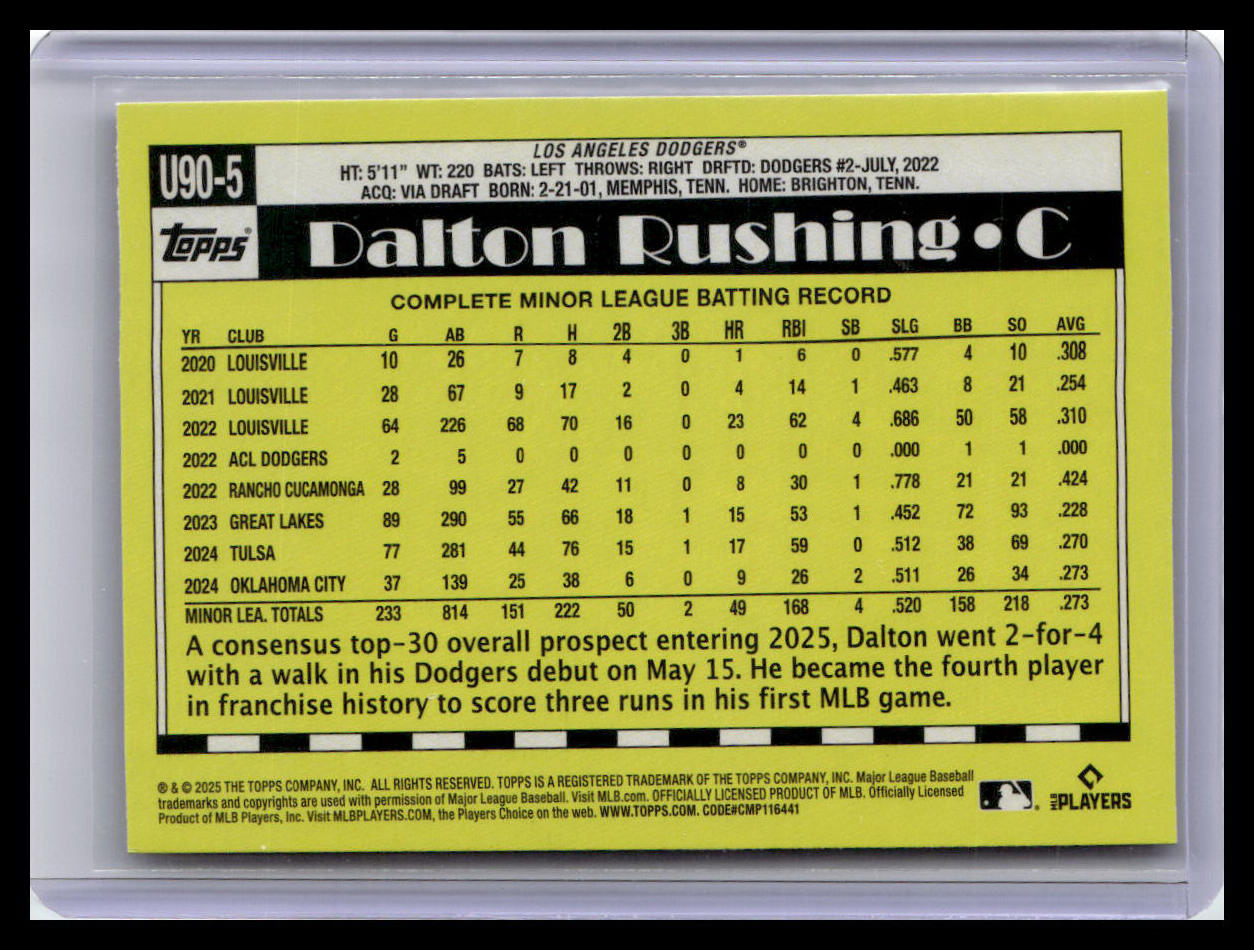 2025 Topps Update #U90-5 Dalton Rushing 1990 Topps Baseball 35th Anniversary