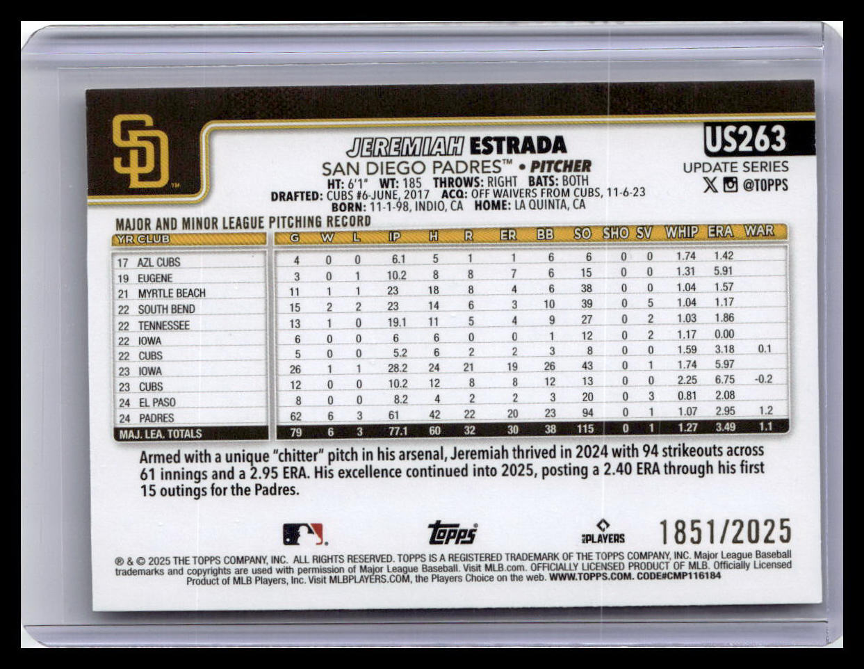 2025 Topps Update #US263 Jeremiah Estrada Gold #/2025