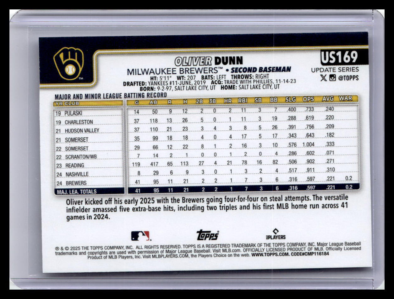 2025 Topps Update #US169 Oliver Dunn