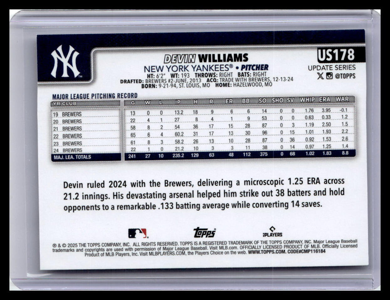2025 Topps Update #US178 Devin Williams
