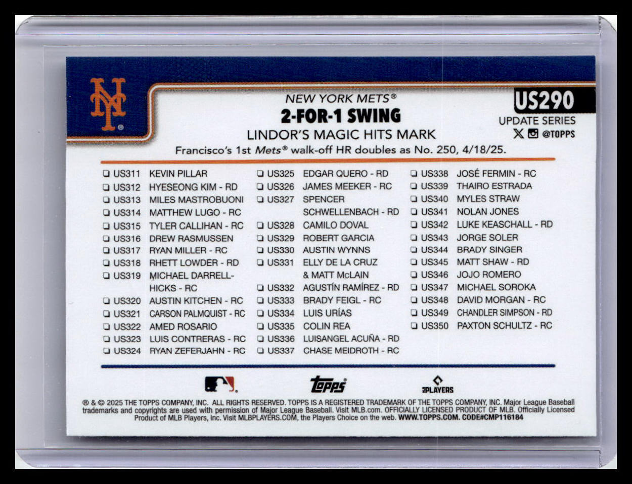 2025 Topps Update #US290 2-For-1 Swing (Francisco Lindor)