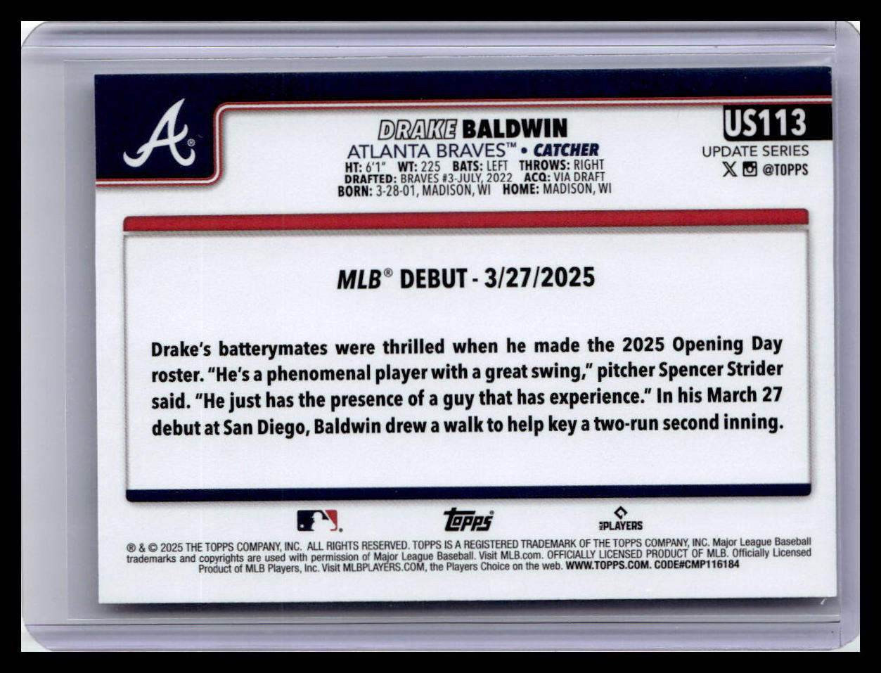 2025 Topps Update #US113 Drake Baldwin