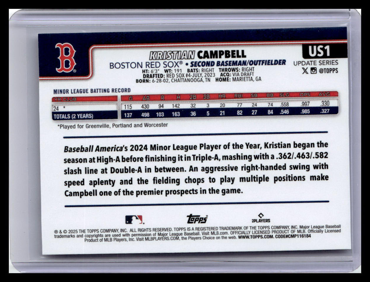 2025 Topps Update #US1 Kristian Campbell
