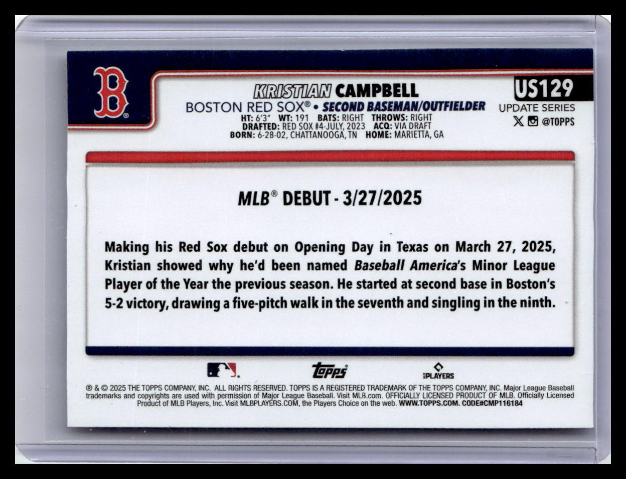 2025 Topps Update #US129 Kristian Campbell