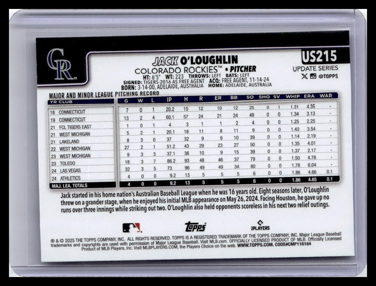 2025 Topps Update #US215 Jack O'Loughlin