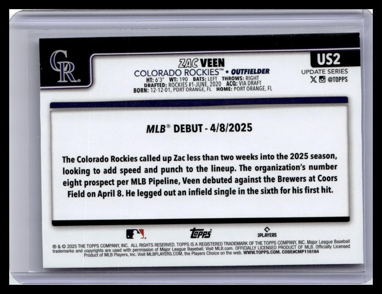 2025 Topps Update #US2 Zac Veen