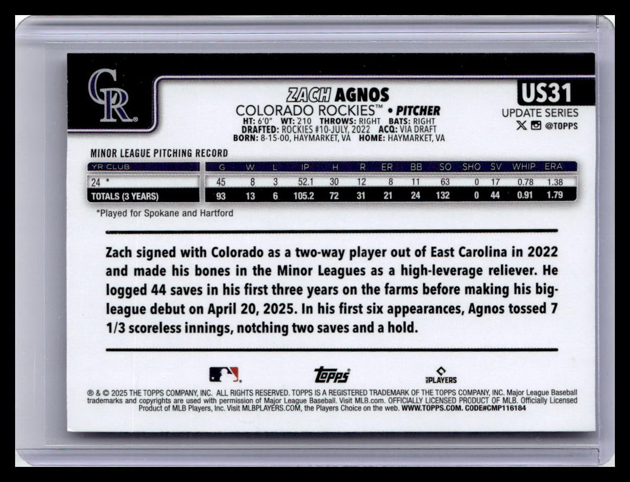 2025 Topps Update #US31 Zach Agnos