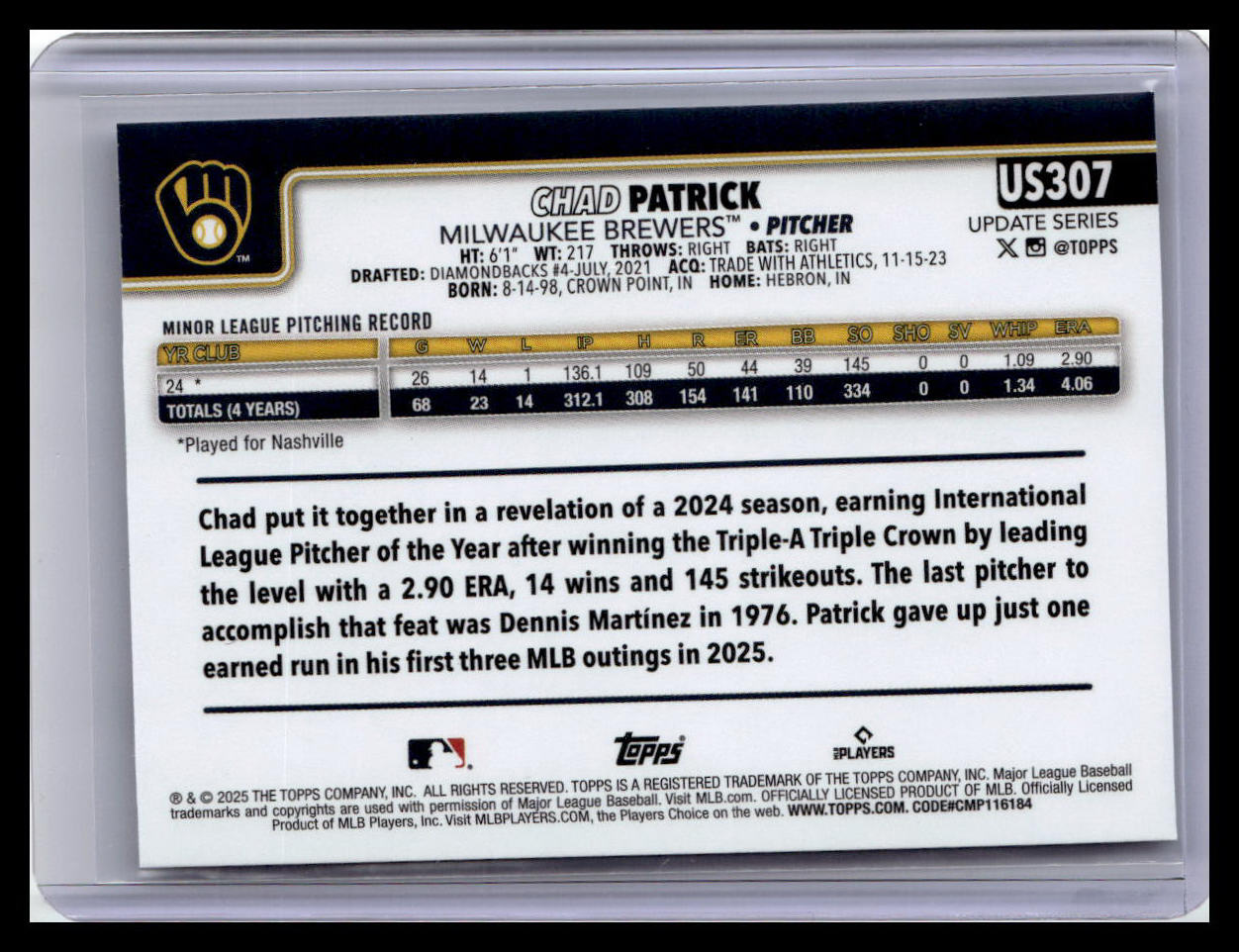 2025 Topps Update #US307 Chad Patrick