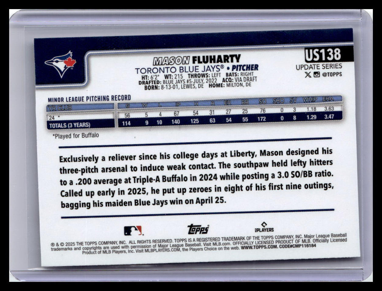 2025 Topps Update #US138 Mason Fluharty