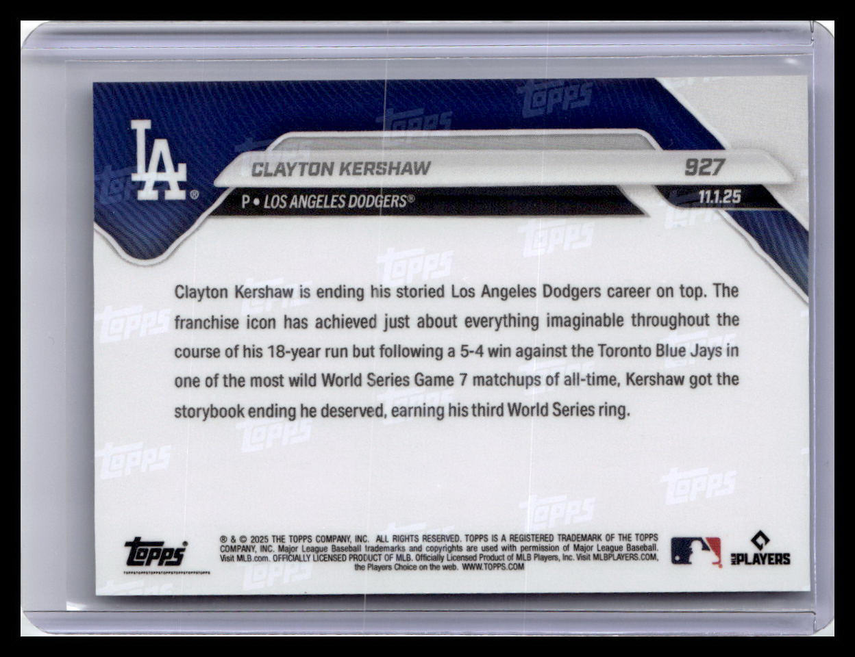 2025 Topps Now #927 Clayton Kershaw
