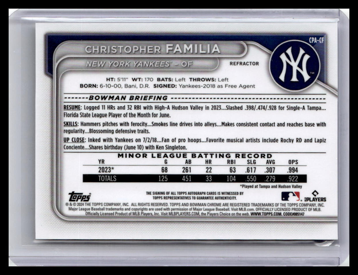 2024 Bowman Chrome #CPA-CF Christopher Familia Prospect Auto Refractors 288/499