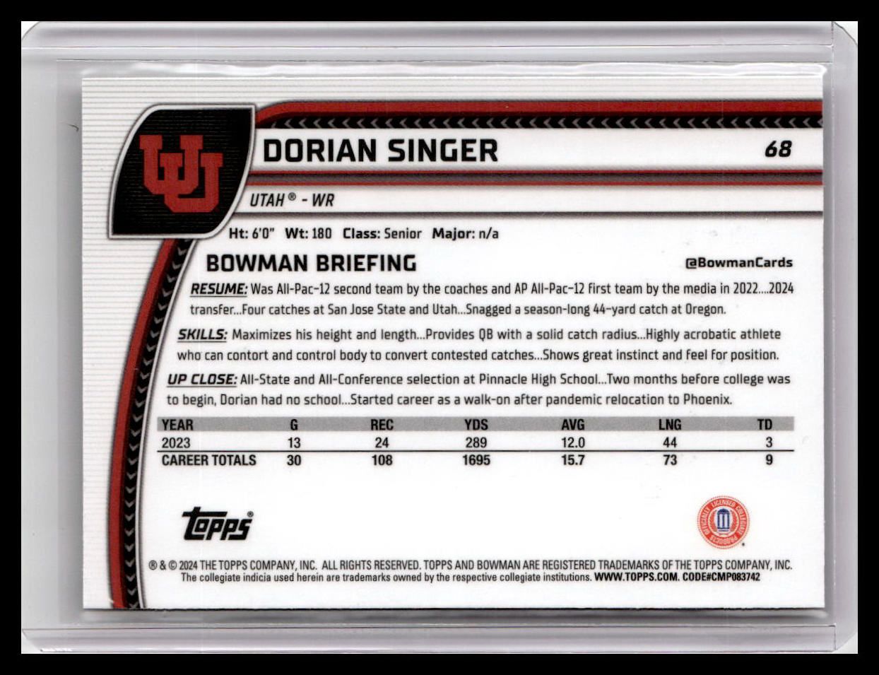 2024 Bowman University Chrome #68 Dorian Singer