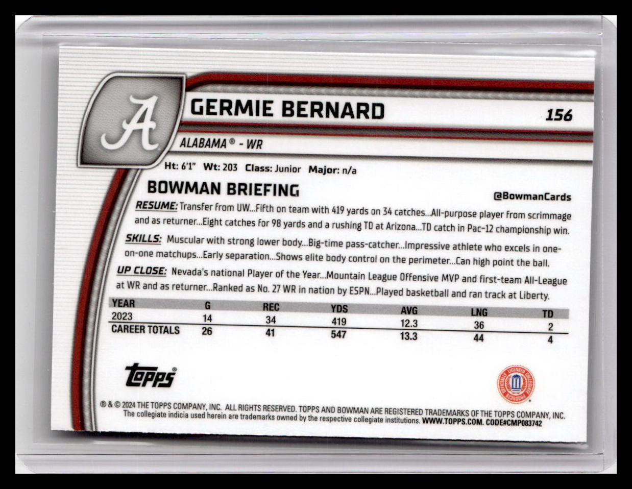 2024 Bowman University Chrome #156 Germie Bernard