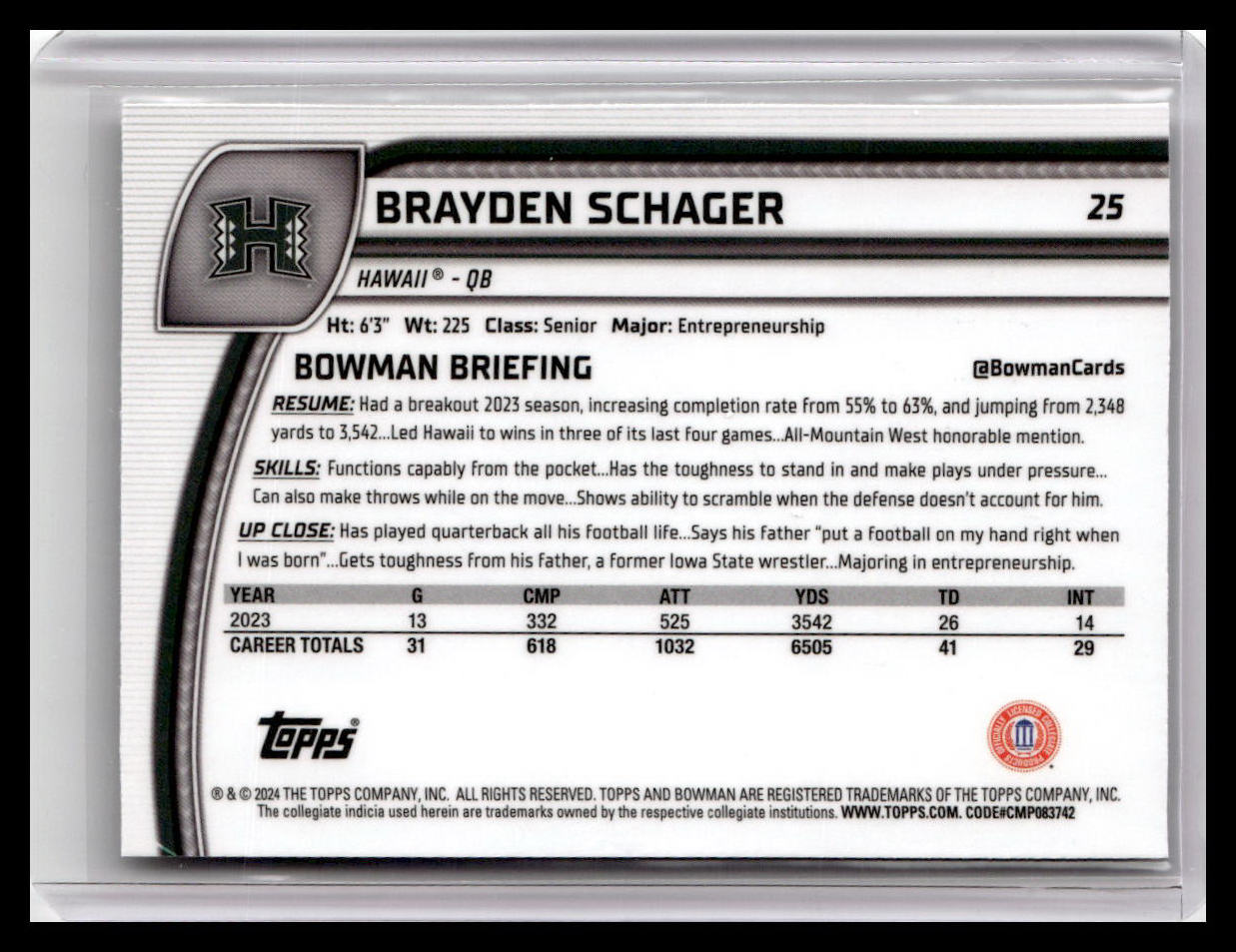 2024 Bowman University Chrome #25 Brayden Schager