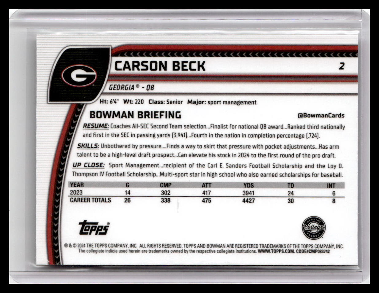 2024 Bowman University Chrome #2 Carson Beck