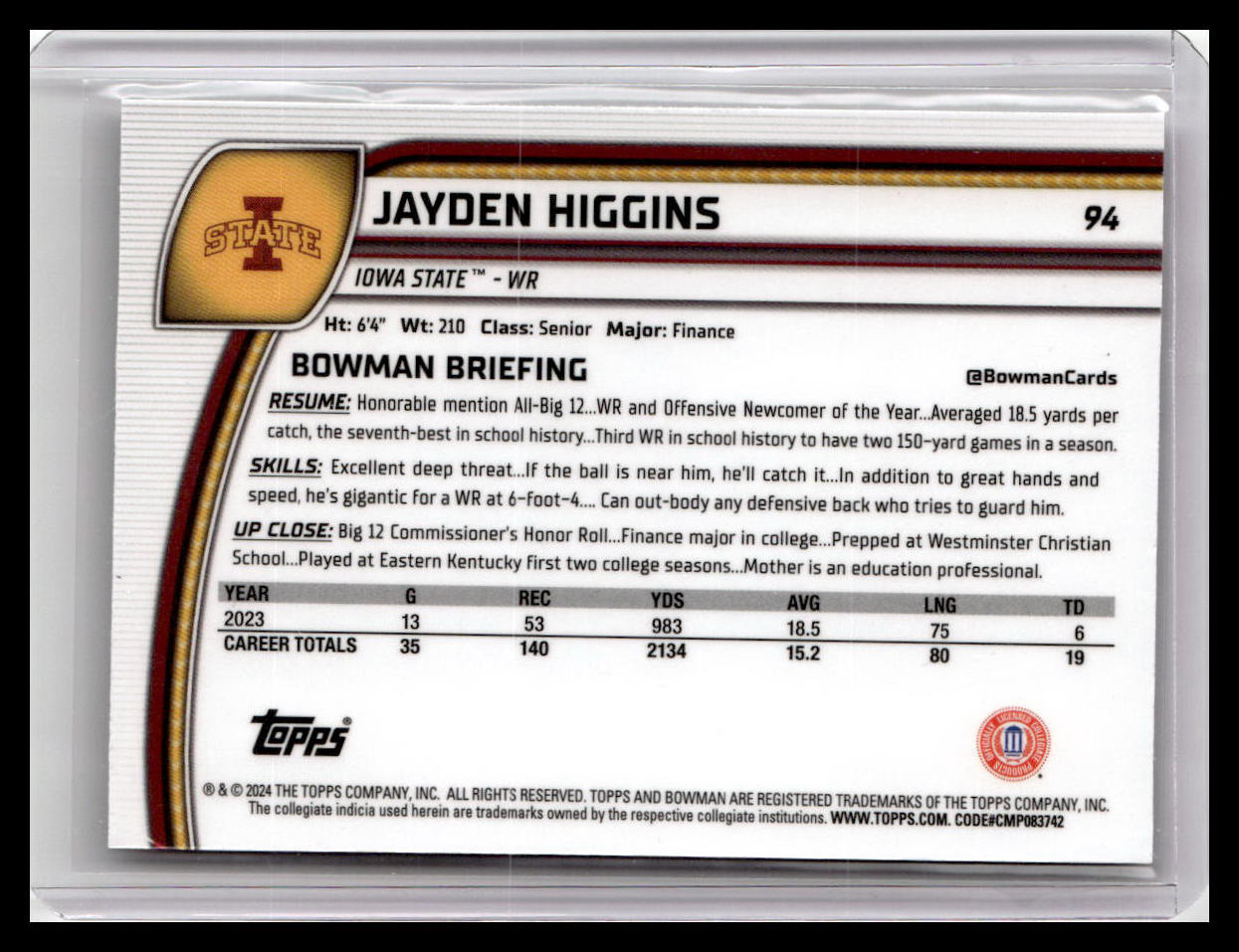 2024 Bowman University Chrome #94 Jayden Higgins