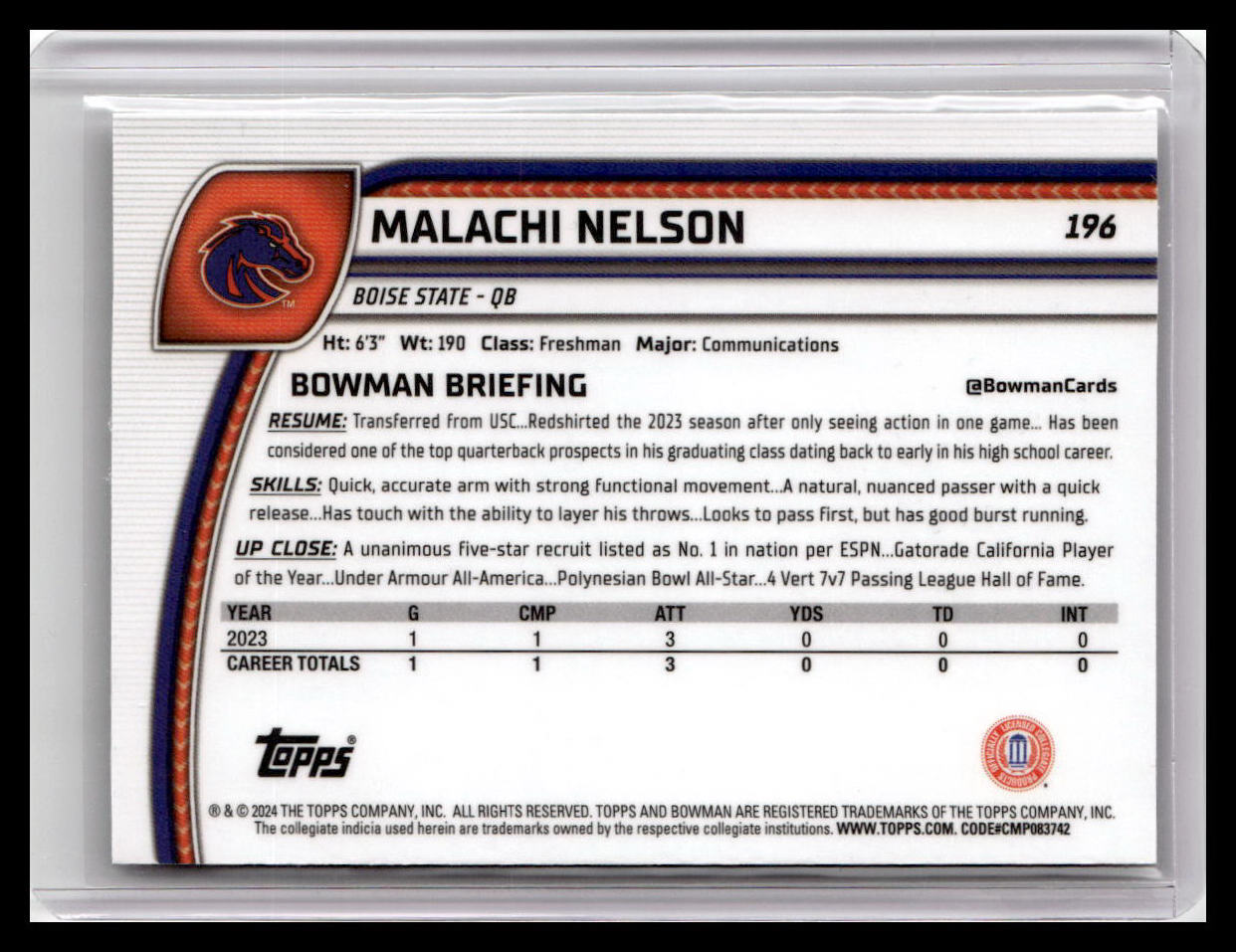 2024 Bowman University Chrome #196 Malachi Nelson