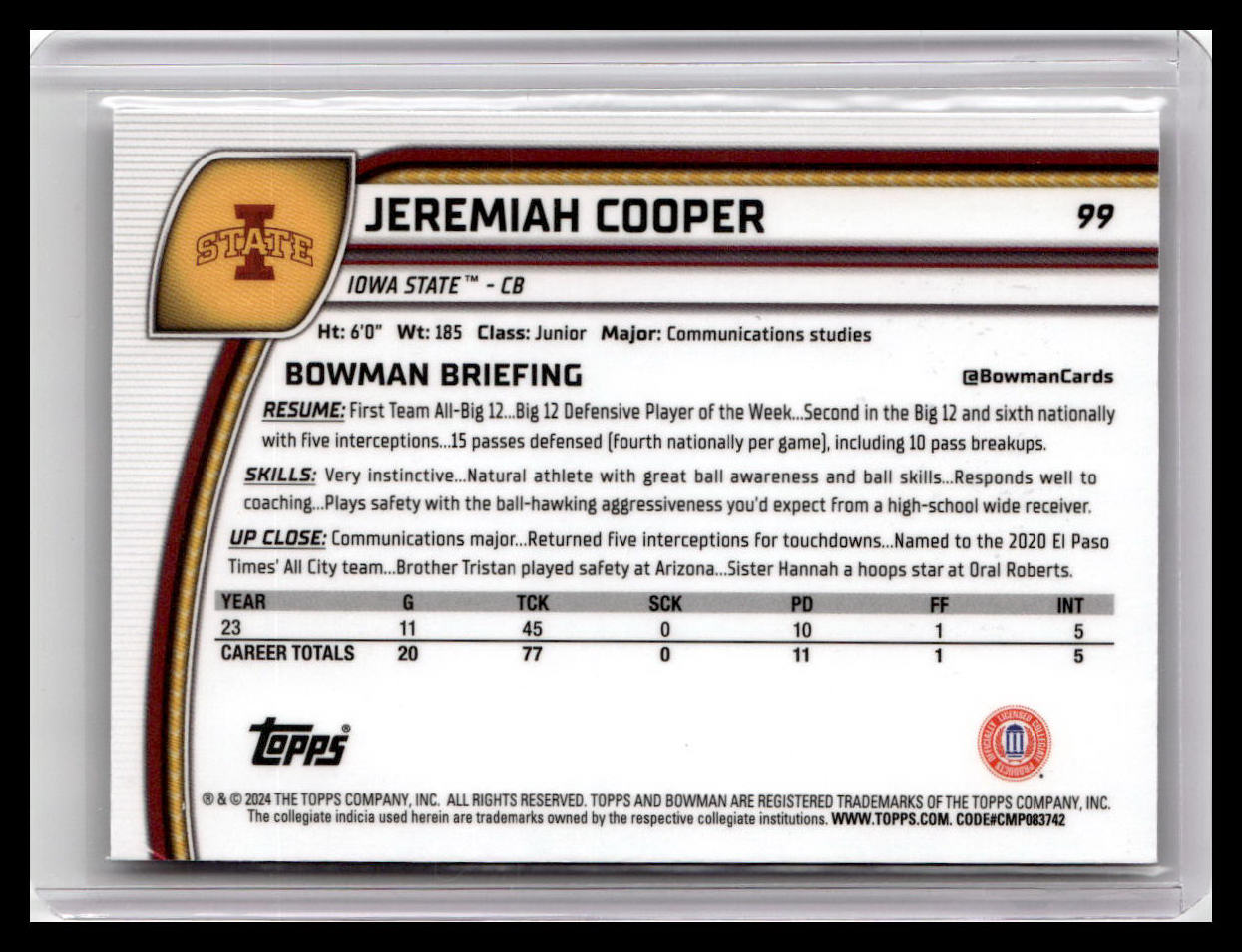 2024 Bowman University Chrome #99 Jeremiah Cooper