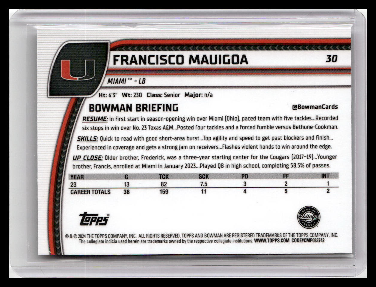 2024 Bowman University Chrome #30 Francisco Mauigoa