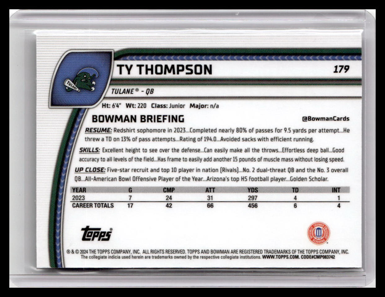 2024 Bowman University Chrome #179 Ty Thompson