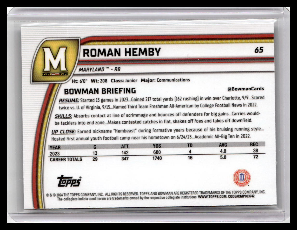 2024 Bowman University Chrome #65 Roman Hemby Teal Lava Refractor