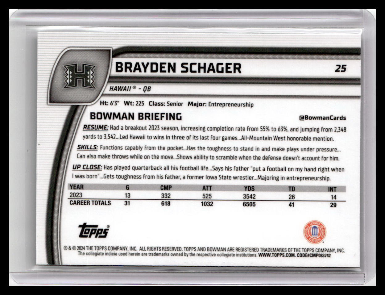2024 Bowman University Chrome #25 Brayden Schager Teal Lava Refractor