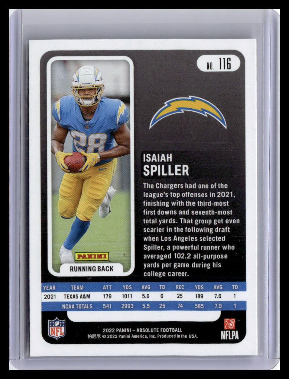 2022 Panini Absolute #116 Isaiah Spiller