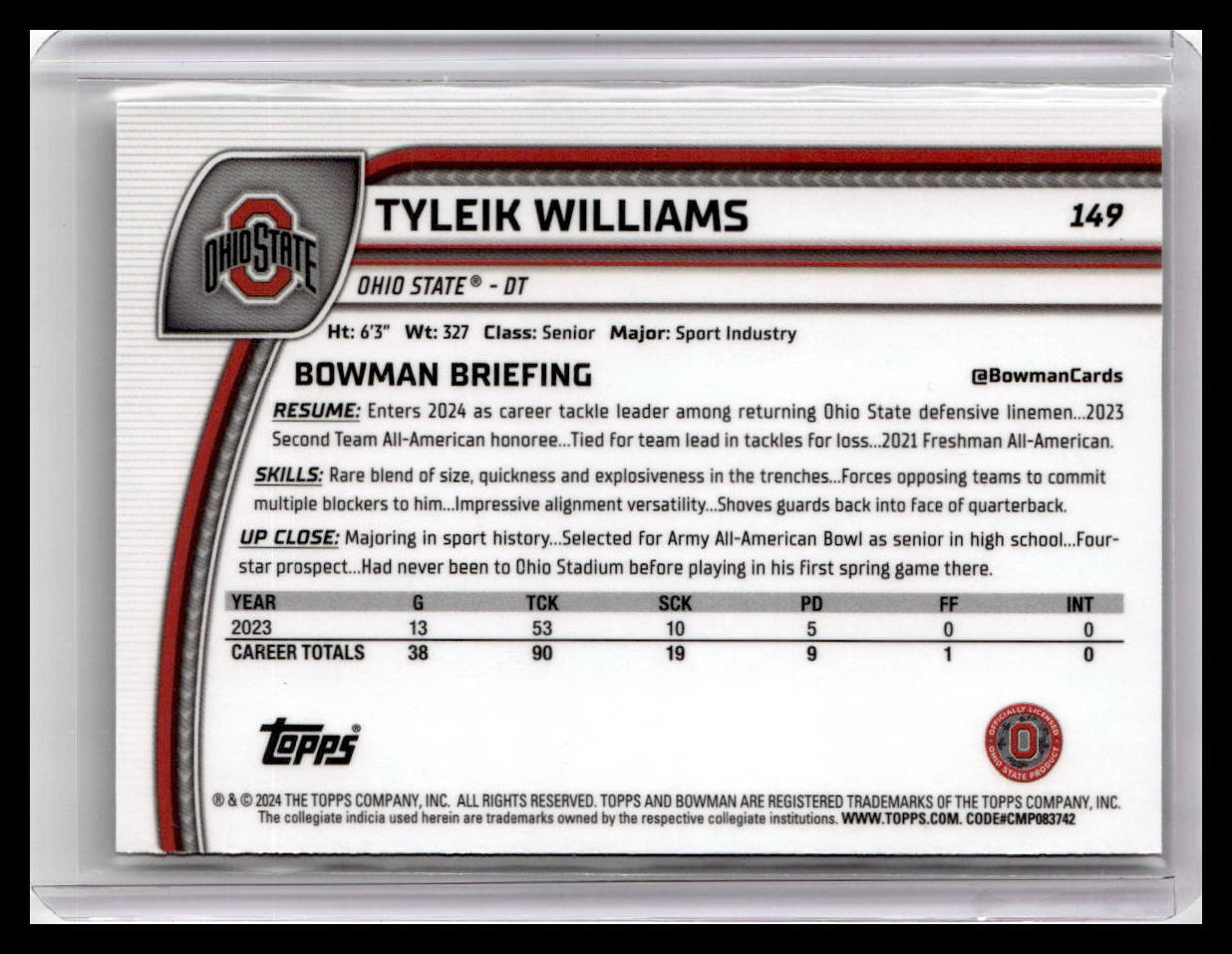 2024 Bowman University Chrome #149 Tyleik Williams