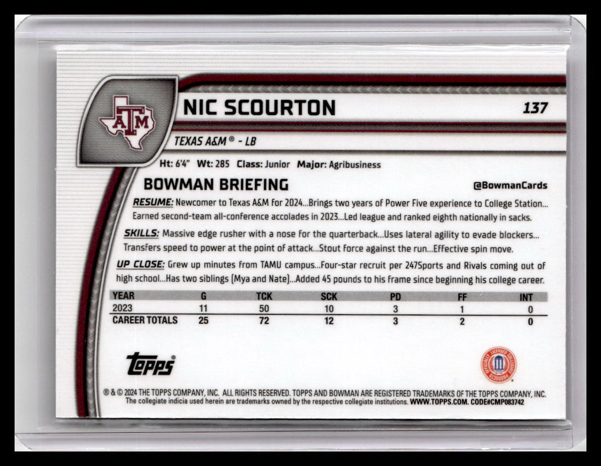 2024 Bowman University Chrome #137 Nic Scourton