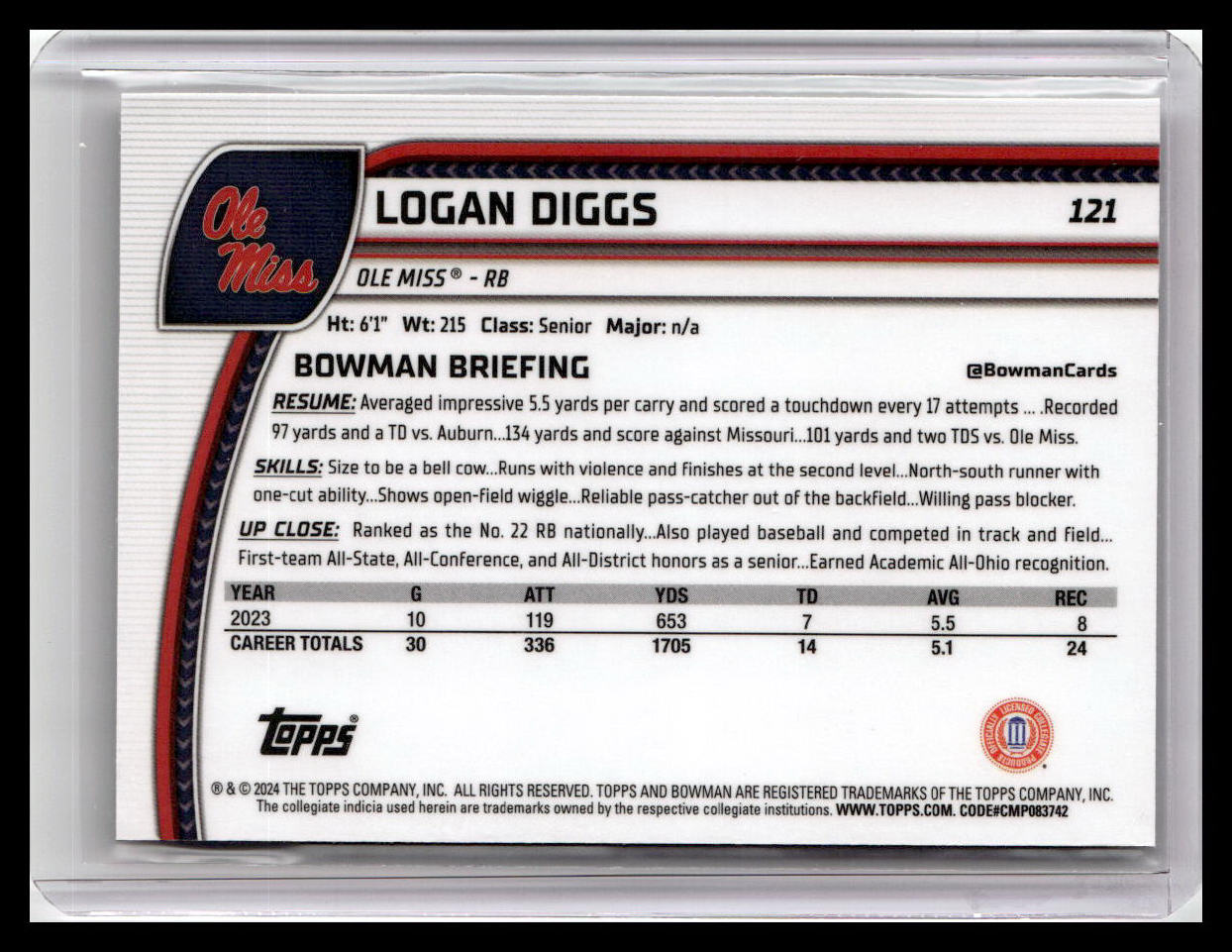 2024 Bowman University Chrome #121 Logan Diggs