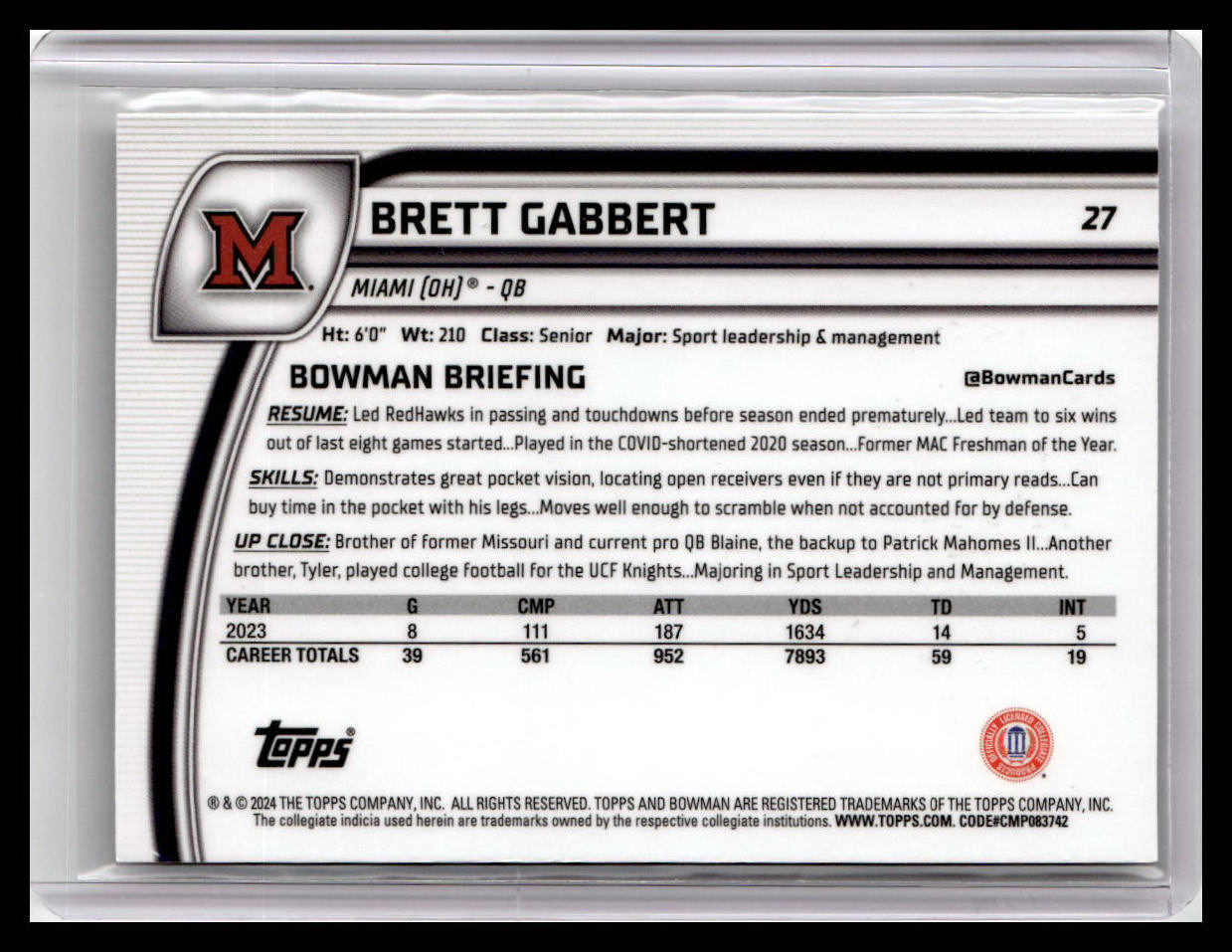 2024 Bowman University Chrome #27 Brett Gabbert