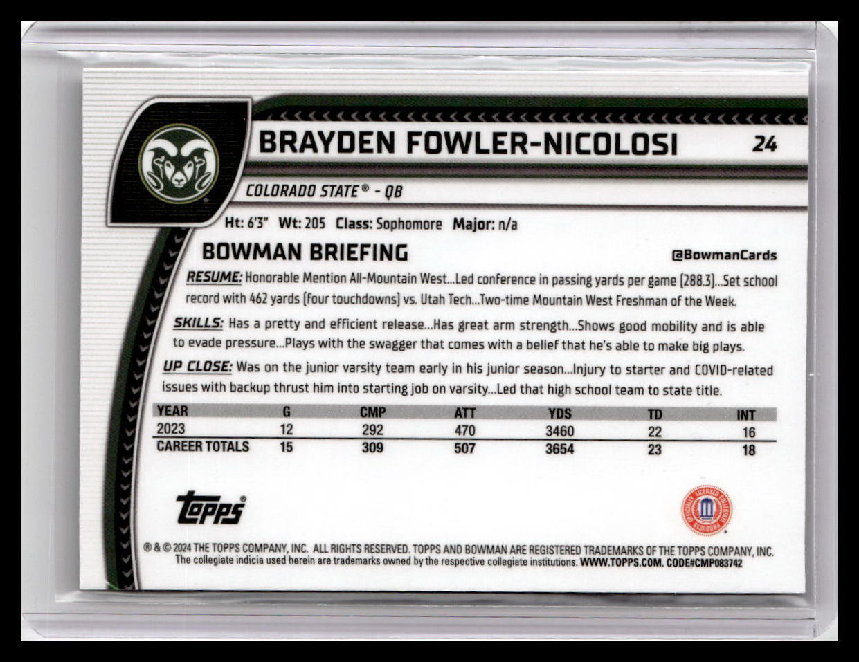 2024 Bowman University Chrome #24 Brayden Fowler-Nicolosi