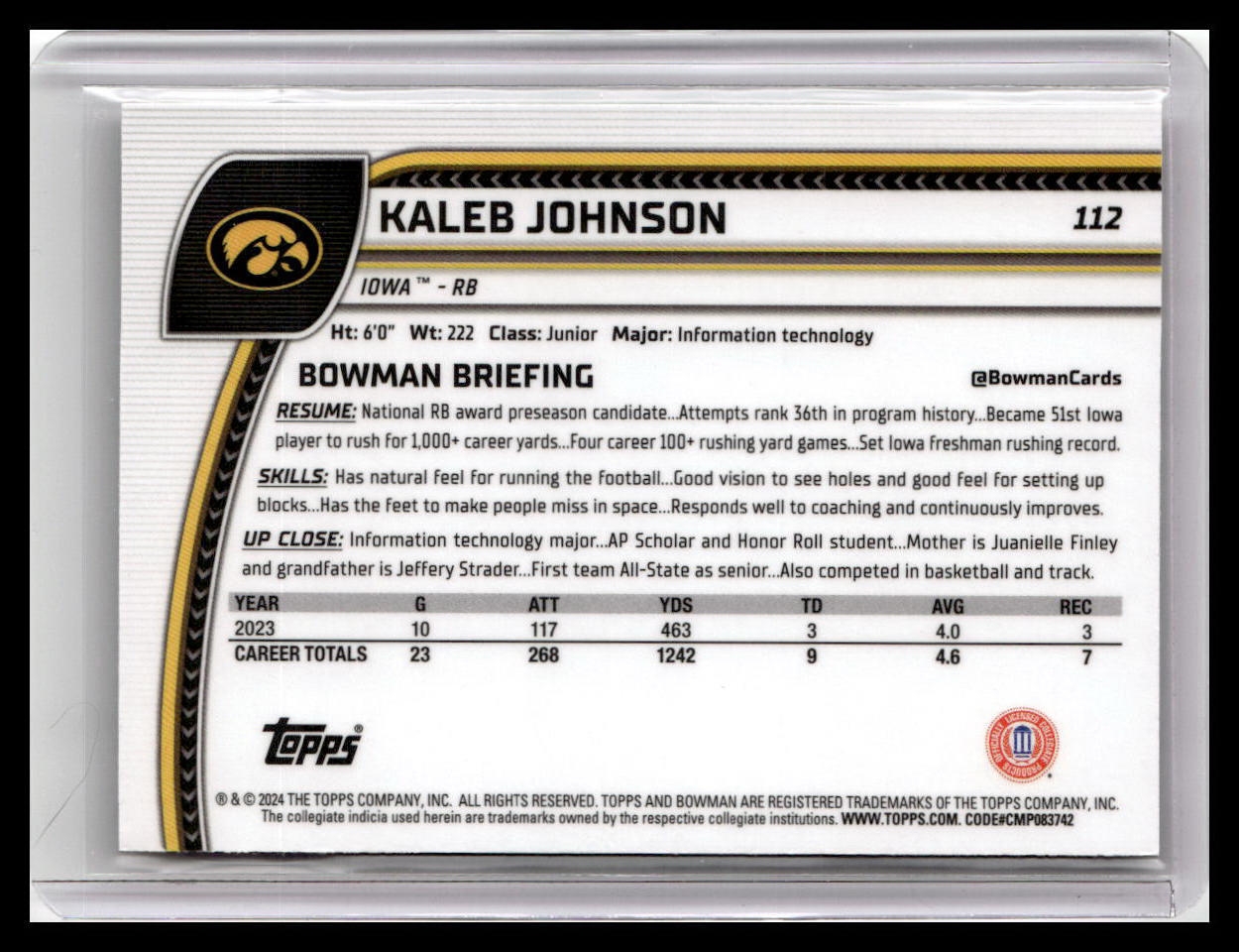 2024 Bowman University Chrome #112 Kaleb Johnson