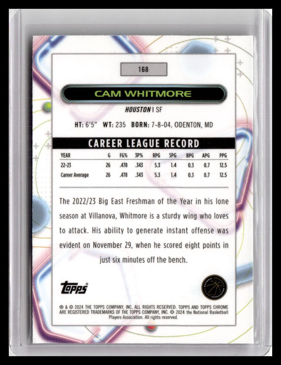 2023-24 Topps Chrome Cosmic #168 Cam Whitmore