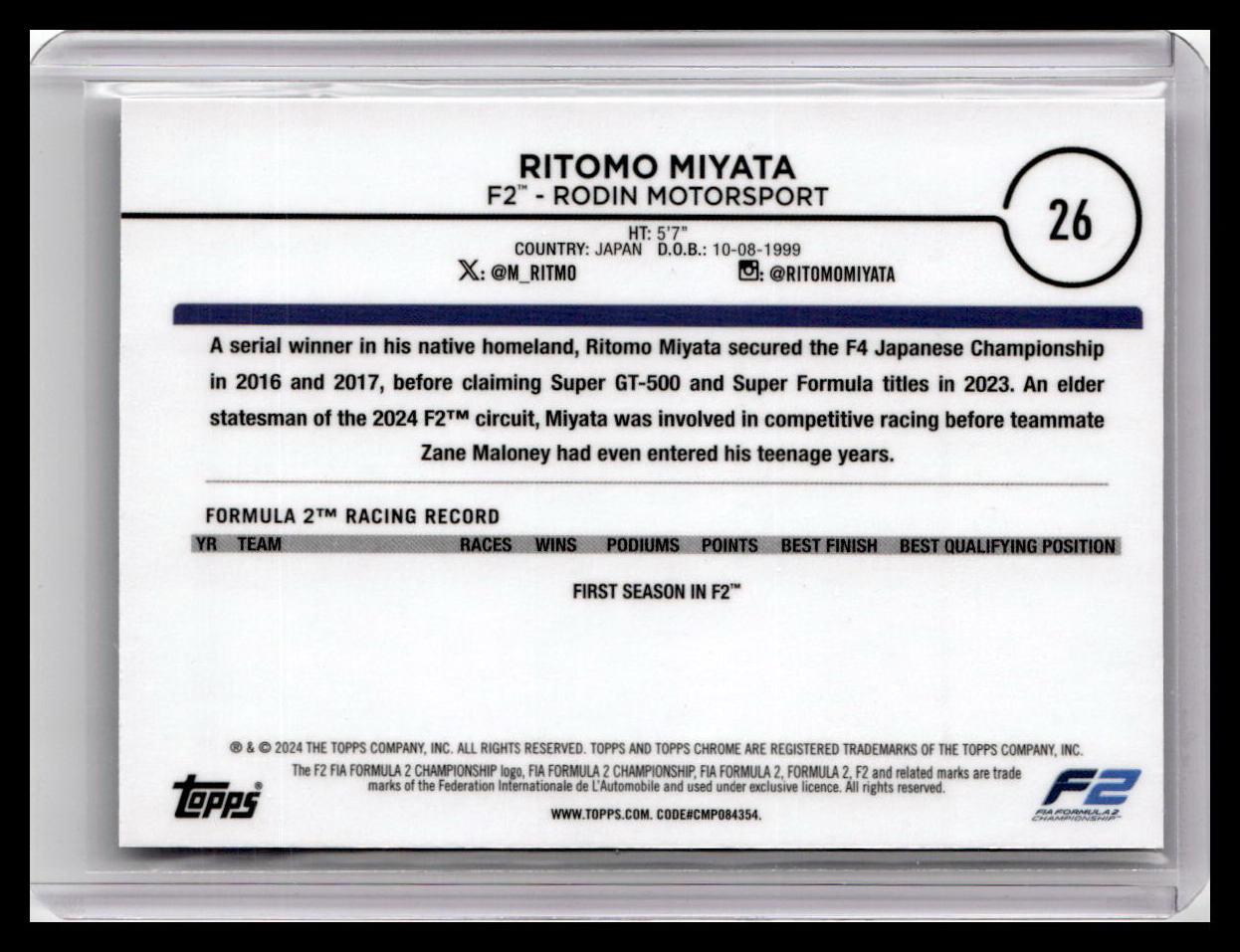 2024 Topps Chrome Formula 1 #26 Ritomo Miyata