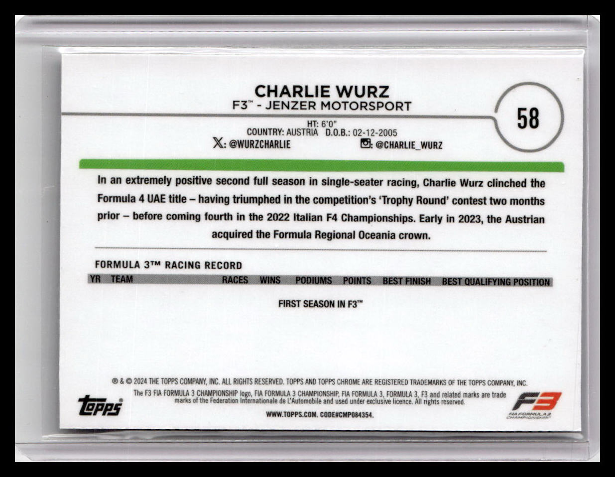 2024 Topps Chrome Formula 1 #58 Charlie Wurz