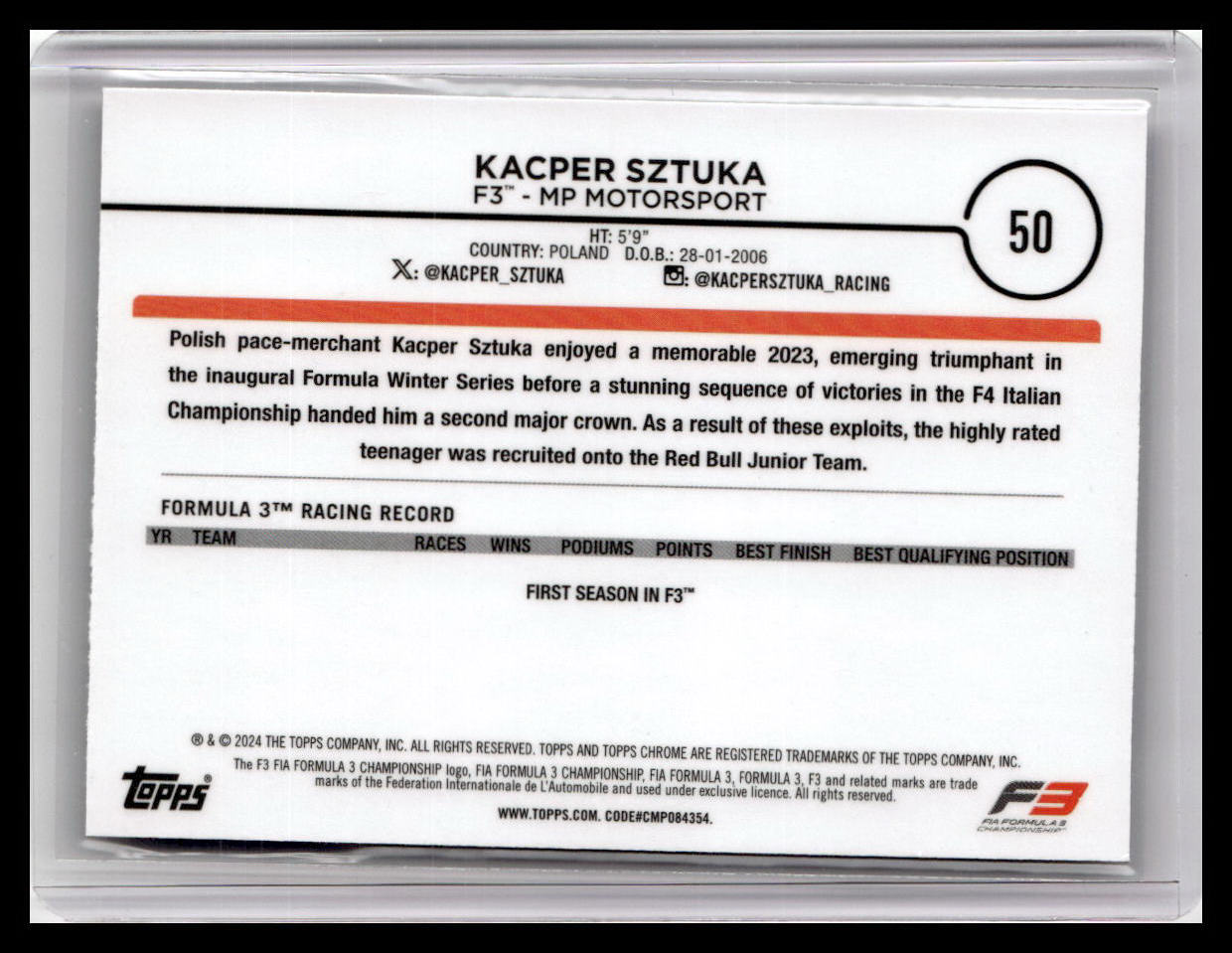 2024 Topps Chrome Formula 1 #50 Kacper Sztuka