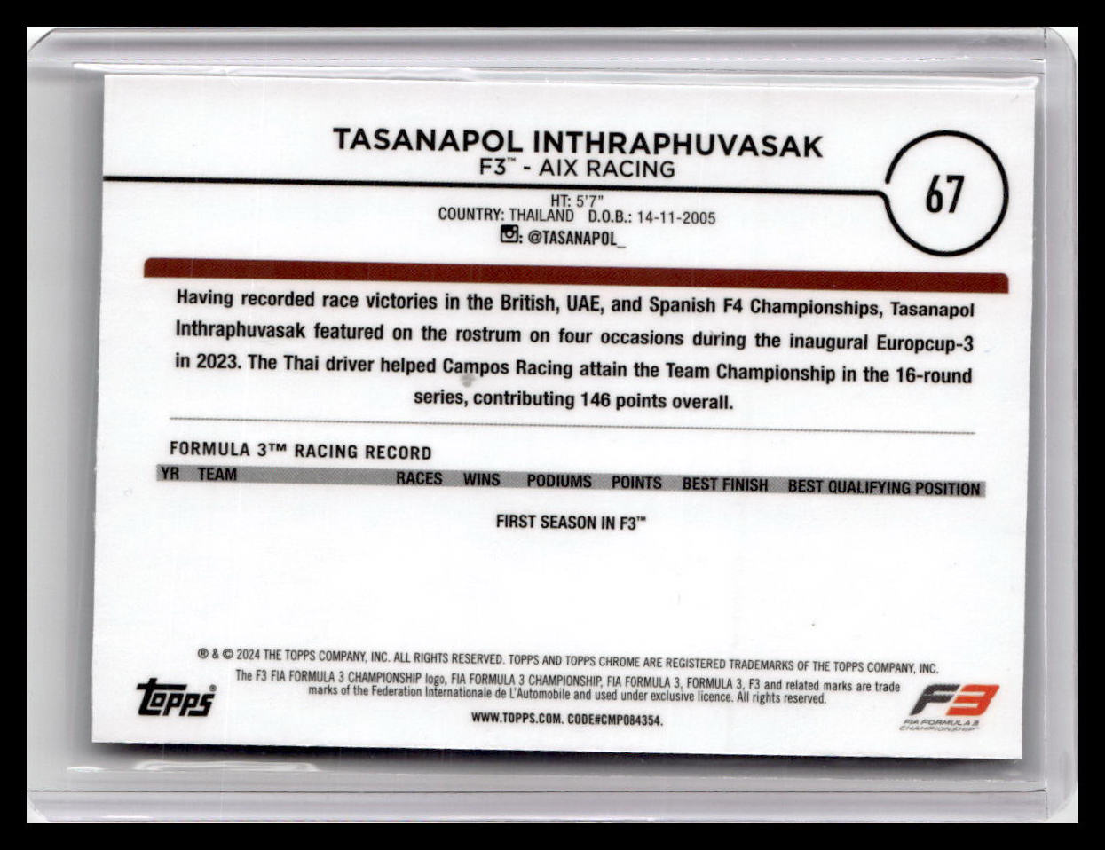 2024 Topps Chrome Formula 1 #67 Tasanapol Inthraphuvasak