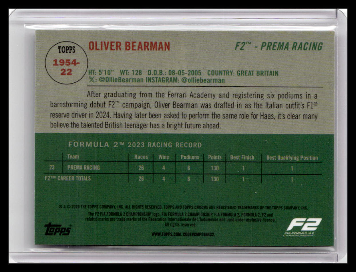 2024 Topps Chrome Formula 1 #1954-22 Oliver Bearman 1954 Topps