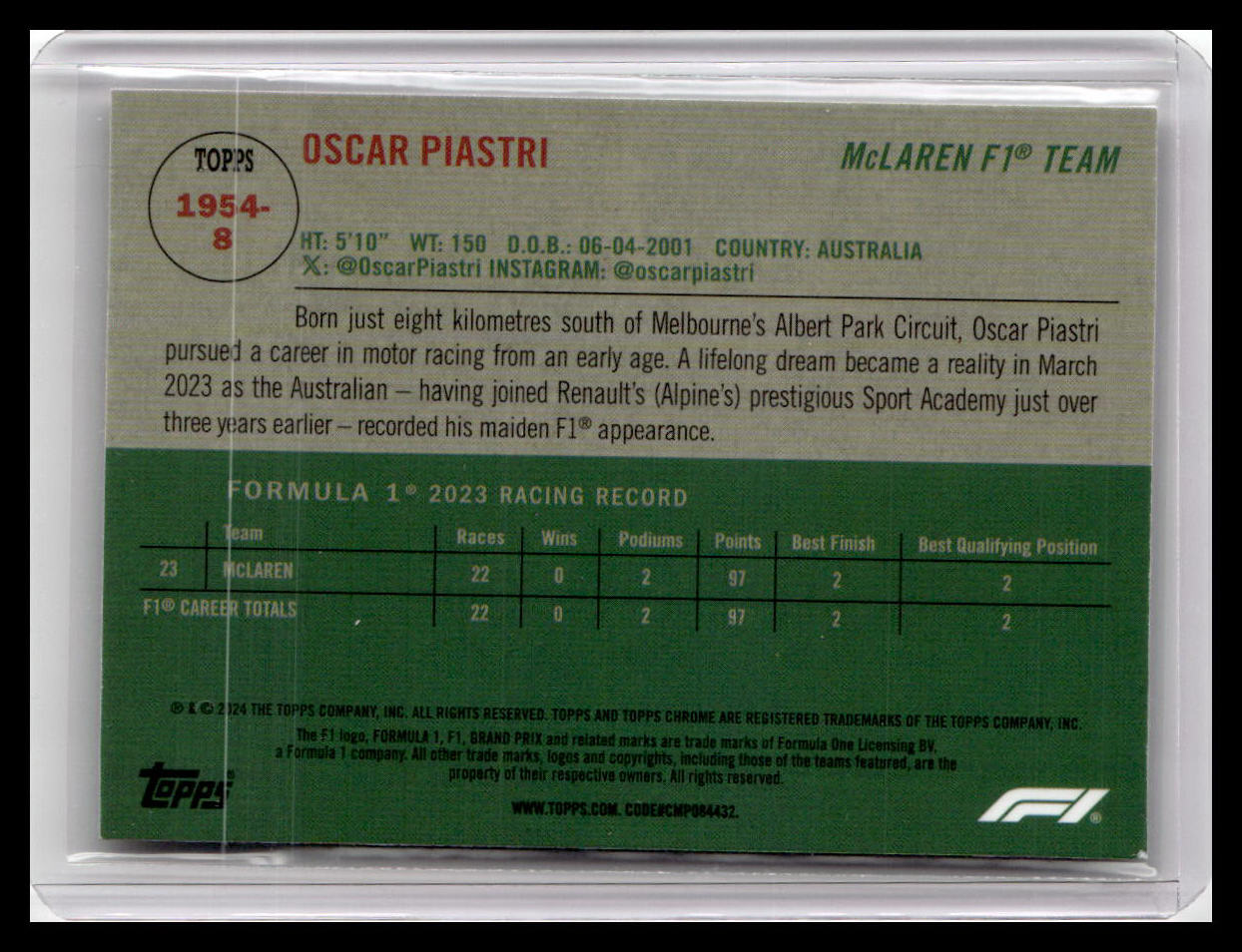 2024 Topps Chrome Formula 1 #1954-8 Oscar Piastri 1954 Topps